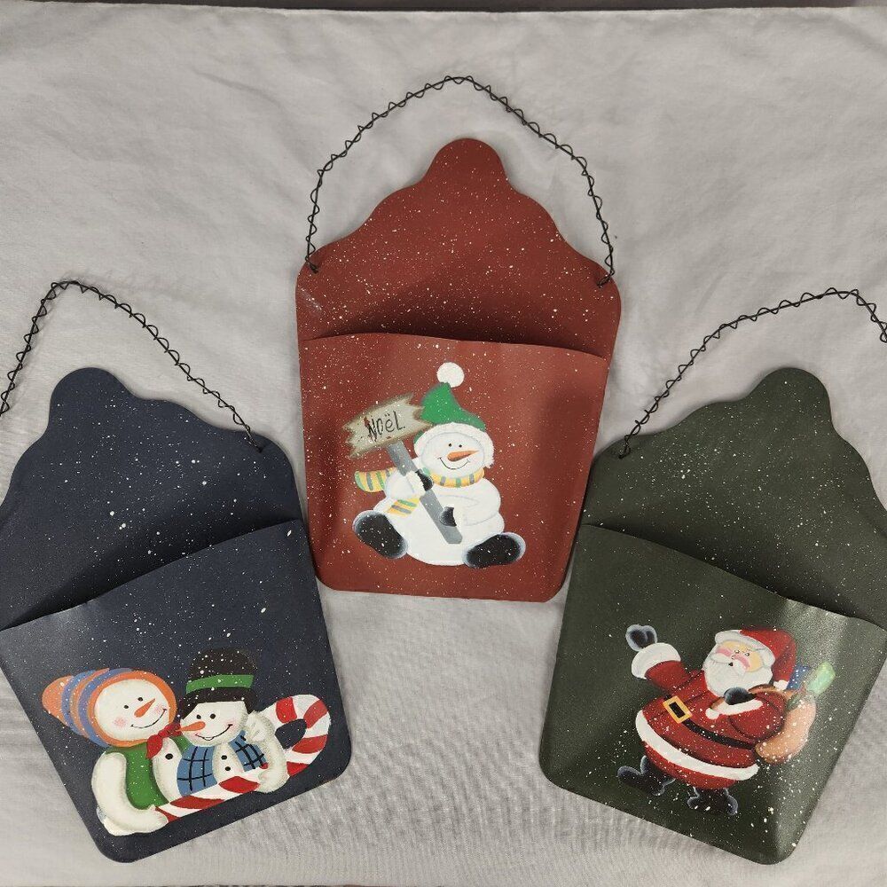3 Christmas Metal Wall Hanging Pocket Bucket Basket Rustic Painted Snowman Santa